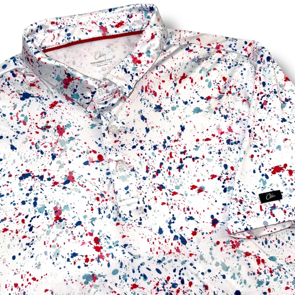 Obla‎ Performance Golf Polo Shirt Mens Large White Red Blue Paint Splatter